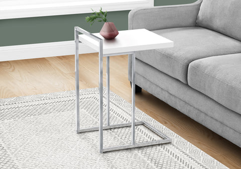 Accent Table, C-shaped, End, Side, Snack, Living Room, Bedroom, Glossy White Laminate, Chrome Metal, Contemporary, Modern