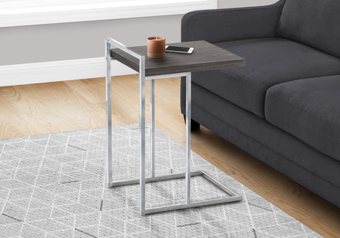 Accent Table, C-shaped, End, Side, Snack, Living Room, Bedroom, Grey Laminate, Chrome Metal, Contemporary, Modern