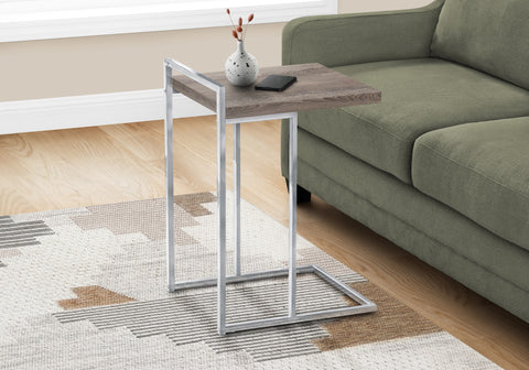 Accent Table, C-shaped, End, Side, Snack, Living Room, Bedroom, Brown Laminate, Chrome Metal, Contemporary, Modern