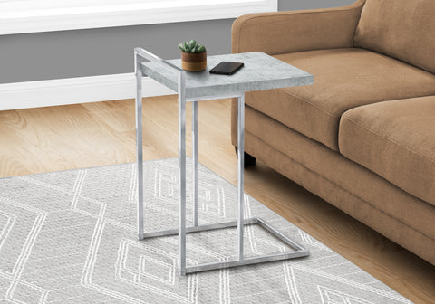 Accent Table, C-shaped, End, Side, Snack, Living Room, Bedroom, Grey Laminate, Chrome Metal, Contemporary, Modern