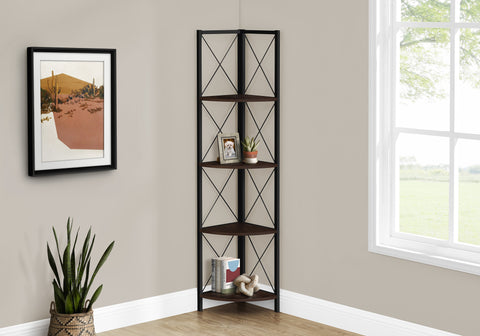 Bookshelf, Bookcase, Etagere, Corner, 4 Tier, 60"H, Office, Bedroom, Brown Laminate, Black Metal, Contemporary, Modern
