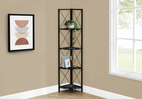 Bookshelf, Bookcase, Etagere, Corner, 4 Tier, 60"H, Office, Bedroom, Black Marble Look Laminate, Black Metal, Contemporary, Modern