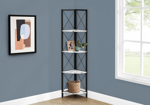 Bookshelf, Bookcase, Etagere, Corner, 4 Tier, 60"H, Office, Bedroom, White Marble Look Laminate, Black Metal, Contemporary, Modern