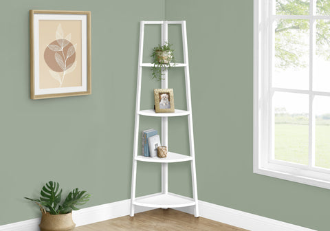 Bookshelf, Bookcase, Etagere, Corner, 4 Tier, 60"H, Office, Bedroom, White Laminate, White Metal, Contemporary, Modern