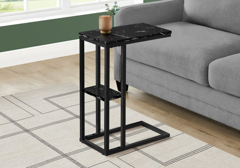 Accent Table, C-shaped, End, Side, Snack, Living Room, Bedroom, Black Marble Look Laminate, Black Metal, Contemporary, Modern