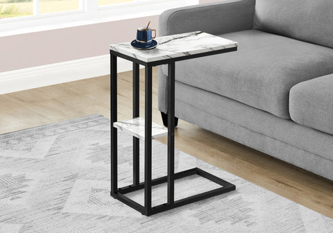 Accent Table, C-shaped, End, Side, Snack, Living Room, Bedroom, White Marble Look Laminate, Black Metal, Contemporary, Modern