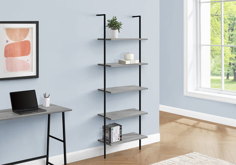 Bookshelf, Bookcase, Etagere, Ladder, 5 Tier, 72"H, Office, Bedroom, Grey Laminate, Black Metal, Contemporary, Modern