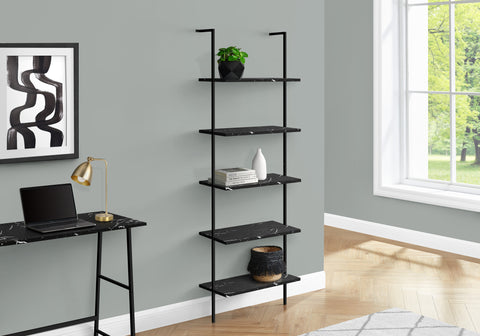 Bookshelf, Bookcase, Etagere, Ladder, 5 Tier, 72"H, Office, Bedroom, Black Marble Look Laminate, Black Metal, Contemporary, Modern
