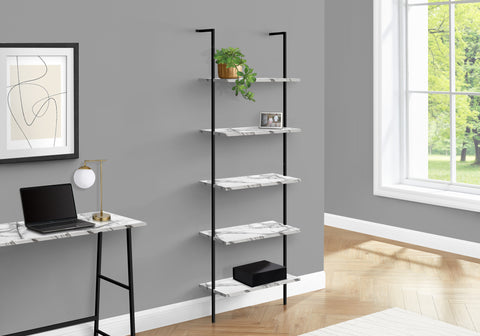 Bookshelf, Bookcase, Etagere, Ladder, 5 Tier, 72"H, Office, Bedroom, White Marble Look Laminate, Black Metal, Contemporary, Modern