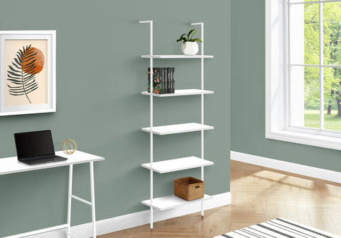 Bookshelf, Bookcase, Etagere, Ladder, 5 Tier, 72"H, Office, Bedroom, White Laminate, White Metal, Contemporary, Modern