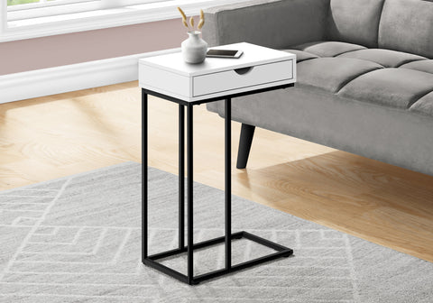 Accent Table, C-shaped, End, Side, Snack, Storage Drawer, Living Room, Bedroom, White Laminate, Black Metal, Contemporary, Modern