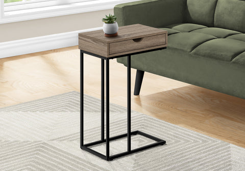Accent Table, C-shaped, End, Side, Snack, Storage Drawer, Living Room, Bedroom, Brown Laminate, Black Metal, Contemporary, Modern