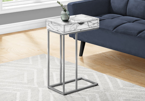 Accent Table, C-shaped, End, Side, Snack, Storage Drawer, Living Room, Bedroom, White Marble Look Laminate, Grey Metal, Contemporary, Modern