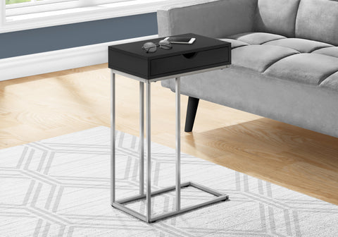 Accent Table, C-shaped, End, Side, Snack, Storage Drawer, Living Room, Bedroom, Black Laminate, Grey Metal, Contemporary, Modern