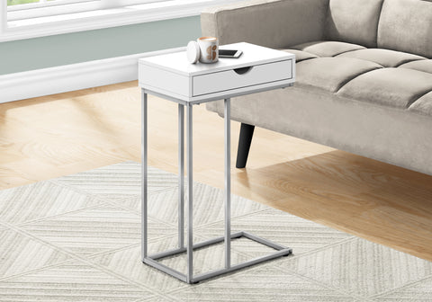 Accent Table, C-shaped, End, Side, Snack, Storage Drawer, Living Room, Bedroom, White Laminate, Grey Metal, Contemporary, Modern