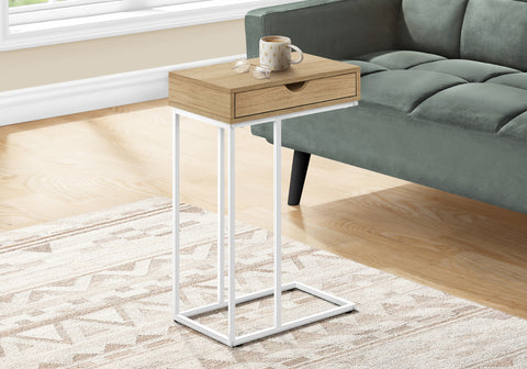 Accent Table, C-shaped, End, Side, Snack, Storage Drawer, Living Room, Bedroom, Natural Laminate, White Metal, Contemporary, Modern