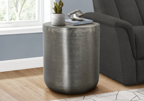 Accent Table, Drum, Side, End, Nightstand, Lamp, Living Room, Bedroom, Grey Metal, Contemporary, Modern