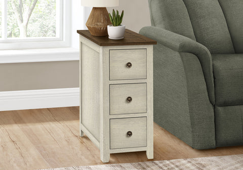 Accent Table, End, Side Table, Nightstand, Narrow, Bedroom, Storage Drawer, Lamp, Brown Veneer, Antique White Veneer