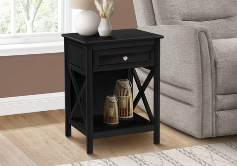Accent Table, End, Side Table, 2 Tier, Bedroom, Nightstand, Lamp, Storage Drawer, Black Veneer, Transitional