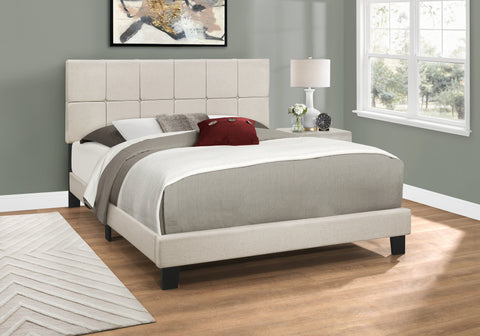 Bed, Queen Size, Bedroom, Upholstered, Beige Linen Look, Black Wood Legs, Transitional