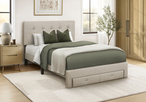 Bed, Queen Size, Platform Bed, Storage Drawers, Upholstered, Frame Only, Bedroom, Beige Linen Look, Transitional