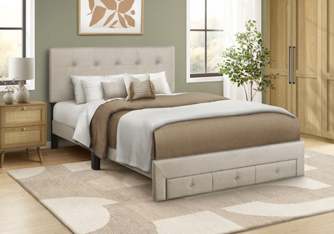 Bed, Twin Size, Platform Bed, Upholstered, Juvenile, Storage Drawers, Frame Only, Bedroom, Beige Linen Look, Transitional