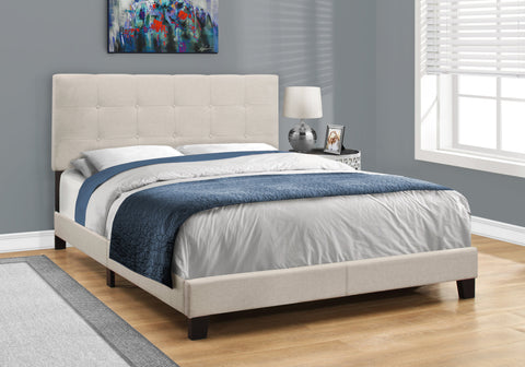 Bed, Queen Size, Bedroom, Upholstered, Beige Linen Look, Black Wood Legs, Transitional