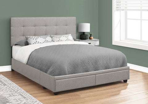 Bed, Queen Size, Bedroom, Upholstered, Grey Linen Look, Wood Legs, Transitional