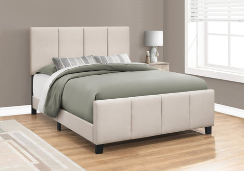 Bed, Queen Size, Bedroom, Upholstered, Beige Linen Look, Black Wood Legs, Transitional