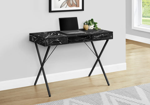 Computer Desk, Home Office, Laptop, Left, Right Set-up, Storage Drawers, 42L, Work, Black Marble Look Laminate, Black Metal, Contemporary, Modern