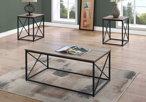 Table Set, 3pcs Set, Coffee, End, Side, Accent, Living Room, Brown Laminate, Black Metal, Contemporary, Modern