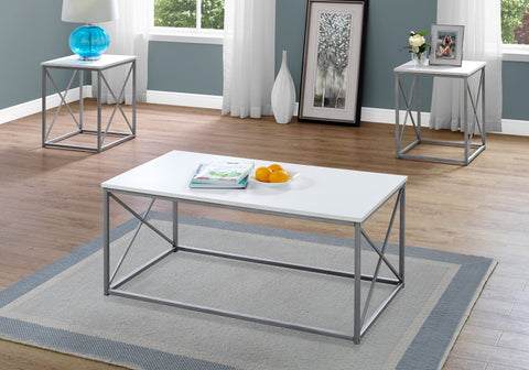 Table Set, 3pcs Set, Coffee, End, Side, Accent, Living Room, White Laminate, Grey Metal, Contemporary, Modern