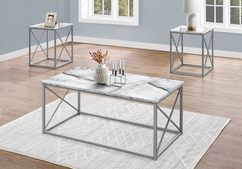 Table Set, 3pcs Set, Coffee, End, Side, Accent, Living Room, White Marble Look Laminate, Grey Metal, Contemporary, Modern