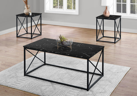 Table Set, 3pcs Set, Coffee, End, Side, Accent, Living Room, Black Marble Look Laminate, Black Metal, Contemporary, Modern