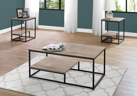 Table Set, 3pcs Set, Coffee, End, Side, Accent, Living Room, Brown Laminate, Black Metal, Contemporary, Modern