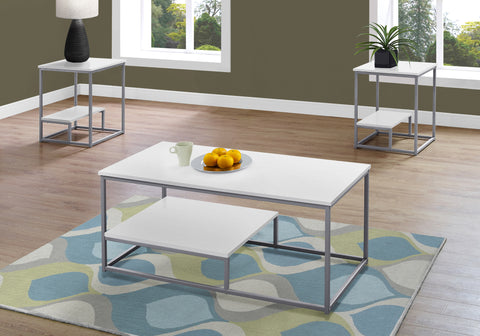 Table Set, 3pcs Set, Coffee, End, Side, Accent, Living Room, White Laminate, Grey Metal, Contemporary, Modern