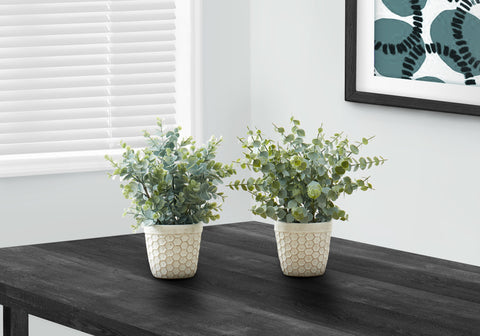 Artificial Plant, 13 Tall, Eucalyptus Grass, Indoor, Faux, Fake, Table, Greenery, Potted, Set Of 2, Decorative, Green Leaves, White Pots