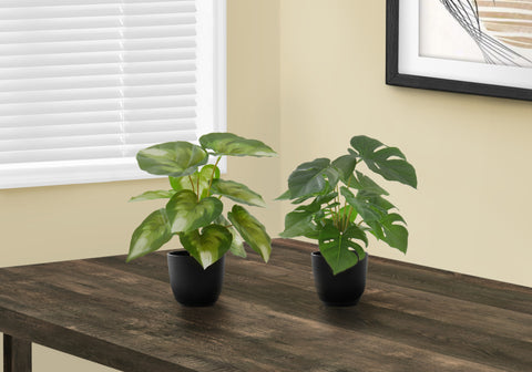 Artificial Plant, 13 Tall, Monstera Calthea, Indoor, Faux, Fake, Table, Greenery, Potted, Set Of 2, Decorative, Green Leaves, Black Pots