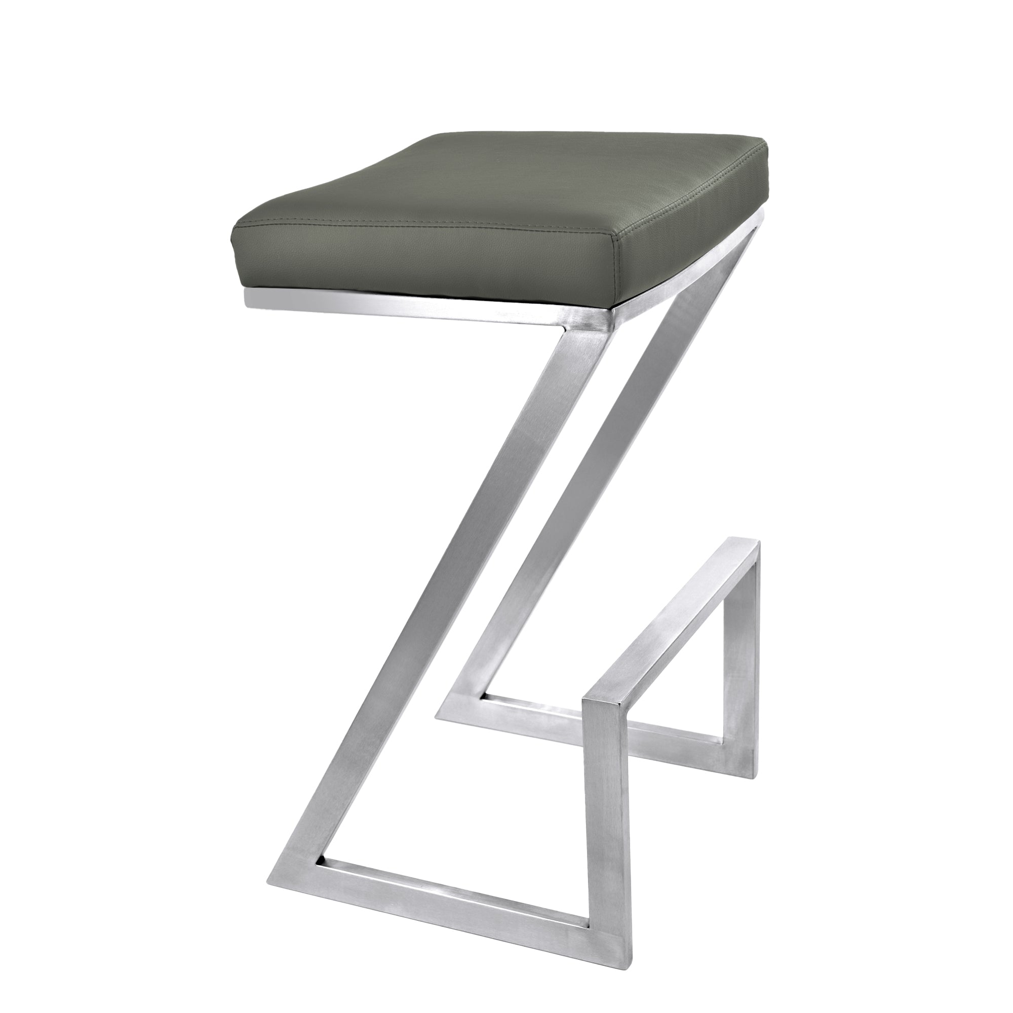 Armen Living Atlantis 26" Counter Height Barstool in Grey Faux Leather and Brushed Stainless Steel Finish
