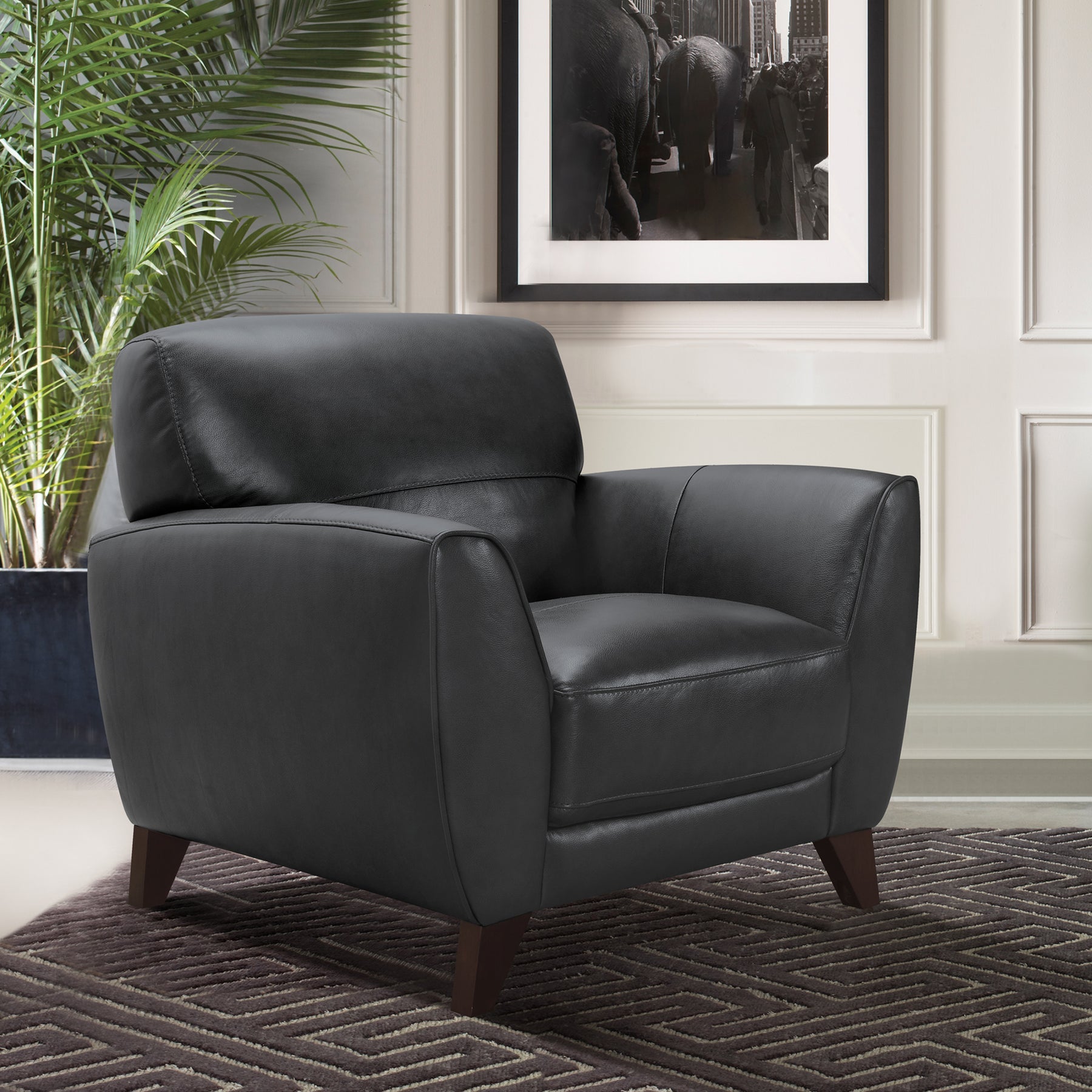 Armen Living Jedd Contemporary Black Leather with Brown Wood Legs, Accent Chair