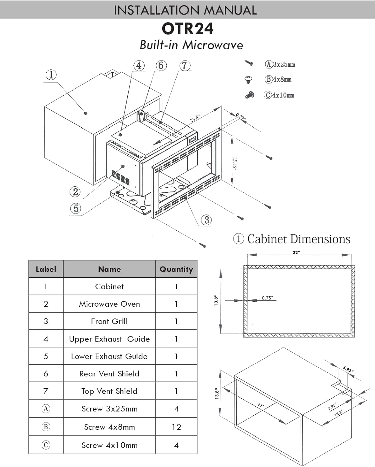 Built-in microwave oven for enclosed installation