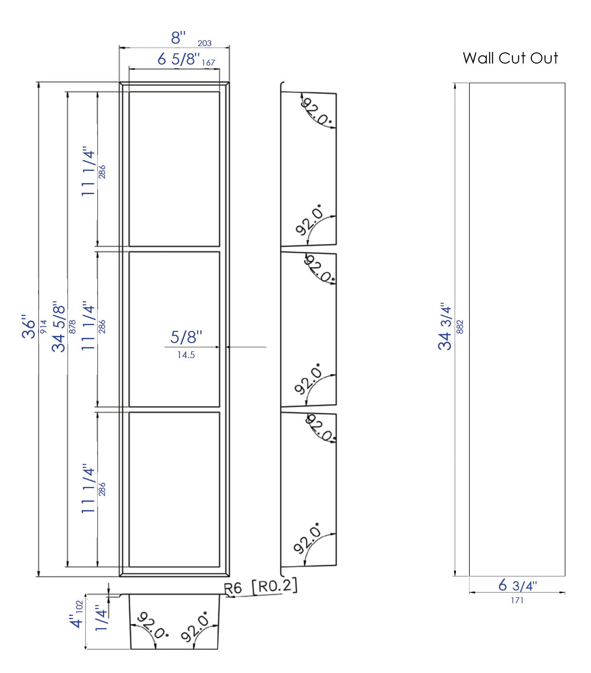 ALFI brand ABNP0836-BB 8Inch x 36Inch Brushed Black PVD Stainless Steel Vertical Triple Shelf Shower Niche