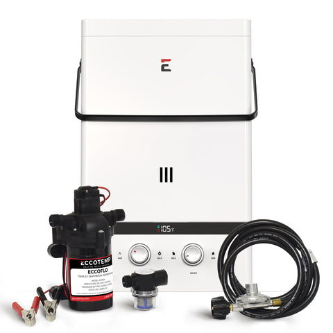 Eccotemp Luxé 3.0 GPM Portable Outdoor Tankless Water Heater w/ EccoFlo Diaphragm 12V Pump and Strainer