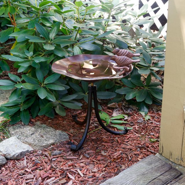 Antiqued Birdbath w/ Birds- Tripod Stand