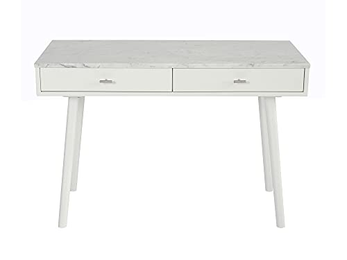 Bianco Contemporary Durable Viola Italian Carrara White Marble Writing Desk with Storage & White Legs - 44", Rectangular