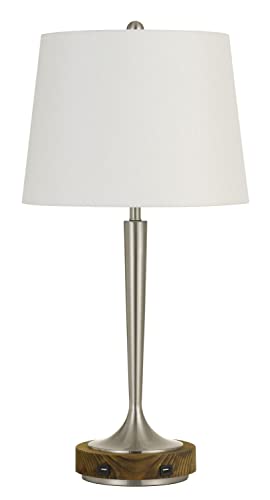 150W 3 Way Chester Metal Table Lamp With Wood Accent Base And 2 Usb Charging Ports - Brushed Steel And Wood