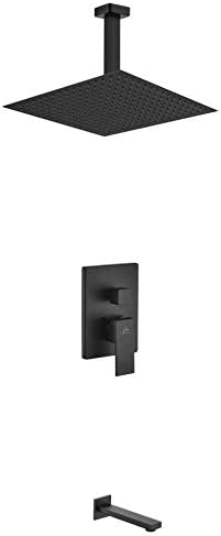 Aqua Piazza Matte Black Shower Set with 12Inch Ceiling Mount Square Rain Shower and Tub Filler