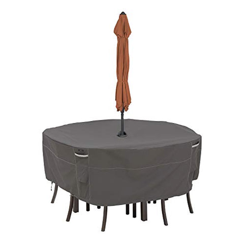 Classic Accessories Ravenna Water-Resistant 60 Inch Round Patio Table &amp; Chair Set Cover with Umbrella Hole, Outdoor Table and Chair Cover