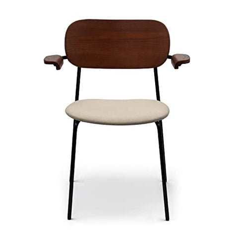 Zleby Modern Kyla Dining Chair Upholstered Seat with Matte Black Metal Legs &amp; Solid Wood Armrests for Kitchen, Living Room and Dining Room - Set of 2, Beige