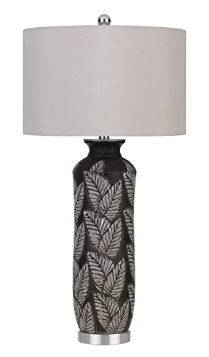 150W 3 Way Shiloh Ceramic Table Lamp With Leaf Design And Drum Hardback Fabric Shade